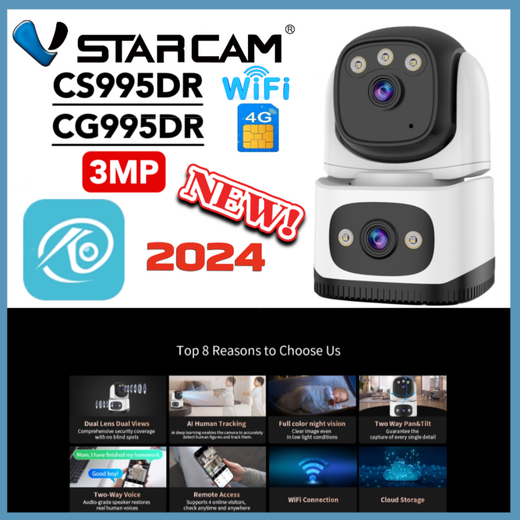 Vstarcam CS995DR WIFI/CG995DR SIM 4G(เลนส์คู่) ใหม่2024 กล้องวงจรปิดไร้สาย ความละเอียด 3MP(1296P) in