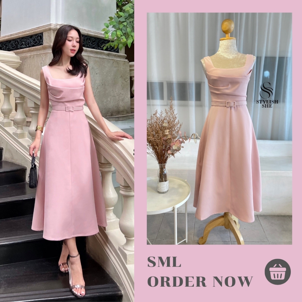 SML เดรสสีชมพู พร้อมเข็มขัดเข้าชุด เดรสออกงาน งานป้าย Stylish She เดรสยาว ชุดทำงานสวยๆ