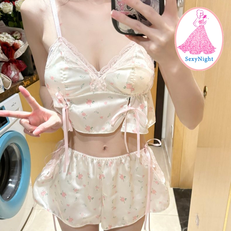 SexyNight 🌜🌜 ชุดนอนsexy ชุดอยู่บ้าน การพิมพ์ สายรัด ระบายอากาศได้ดี น่ารัก ราคาถูก พร้อมส่งจากไทย