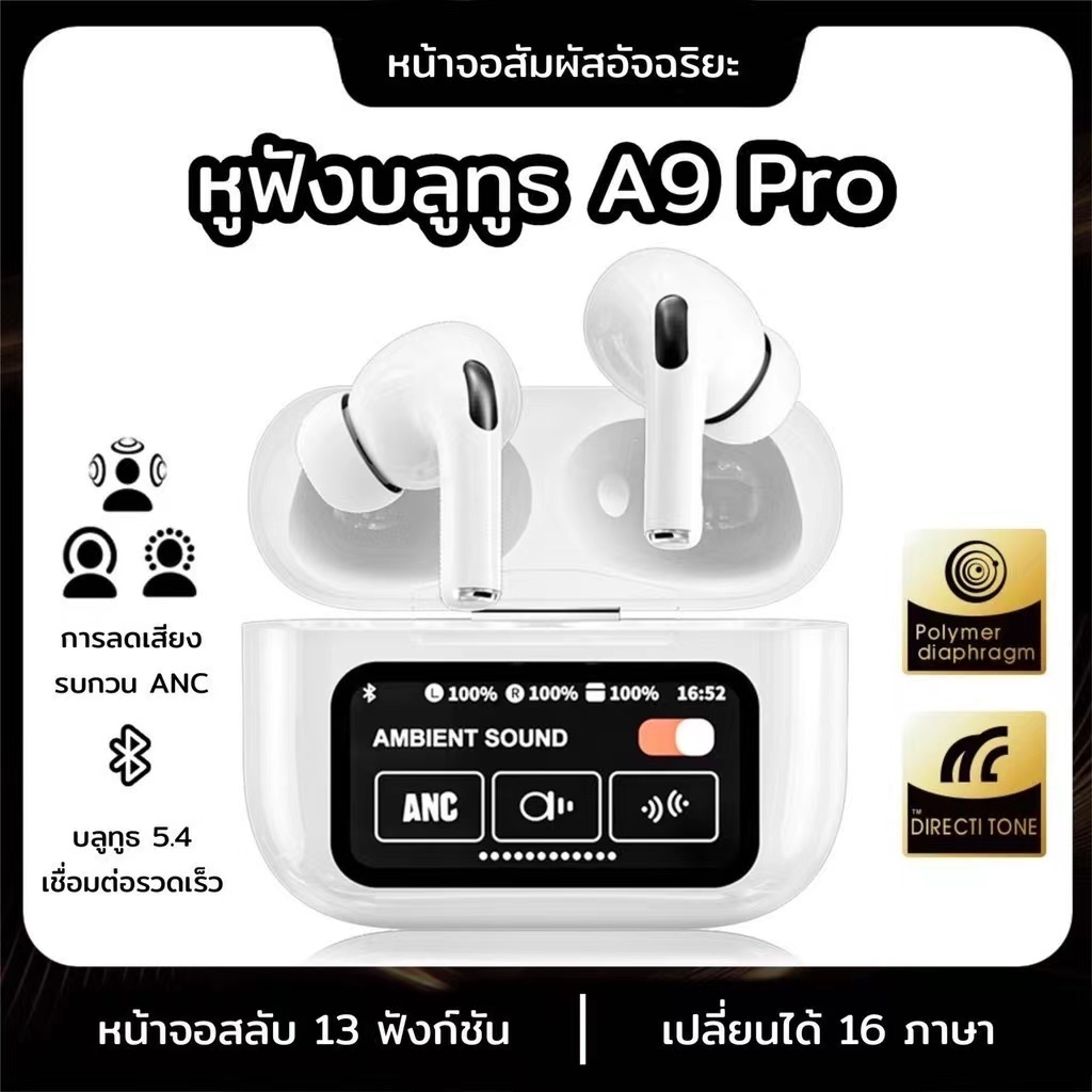 หูฟังบลูทูธ A9pro ชุดหูฟังบลูทูธหน้าจอสัมผัสใหม่ ลดเสียงรบกวนที่ใช้งานอยู่ เชื่อมต่อรองรับได้ทุกรุ่น