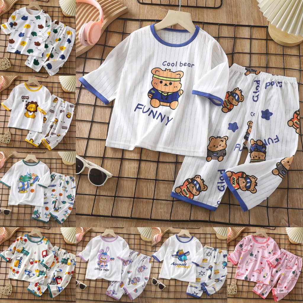 พร้อมส่ง ชุดนอนเด็กชายและหญิง ผ้าฝ้ายเนื้อบาง นุ่ม สบาย เซ็ต2ชิ้น เสื้อคอกลม+กางเกงขายาว