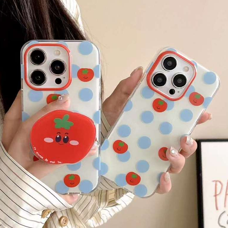 ใหม่ ประเภทกาว ขาตั้ง มะเขือเทศ เคสไอโฟน iPhone 15 14 13 12 Pro Max สีฟ้า ลายจุด หวานสวย น่ารัก case for iPhone 11