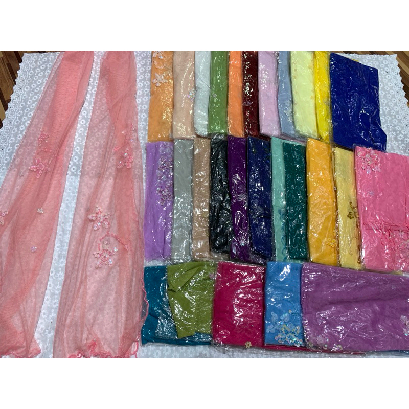 สไบมอญ ผ้ามุ้งปักมุก ลูกปัด ลายดอกไม้ ราคาถูกที่สุด