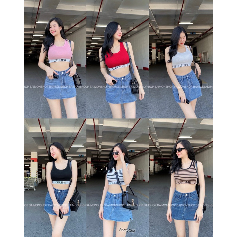mnv_shop เสื้อครอป ครอปท็อป สายเดี่ยวเนื้อไหมพรมทอซิกเนเจอร์ซีลีนช่วงเอว ทรงจั้มเอวน่ารักมากกก