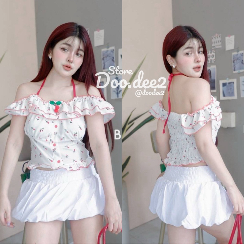 DOODEE2 เสื้อปาดไหล่ผูกคอ แต่งลายเชอรี่