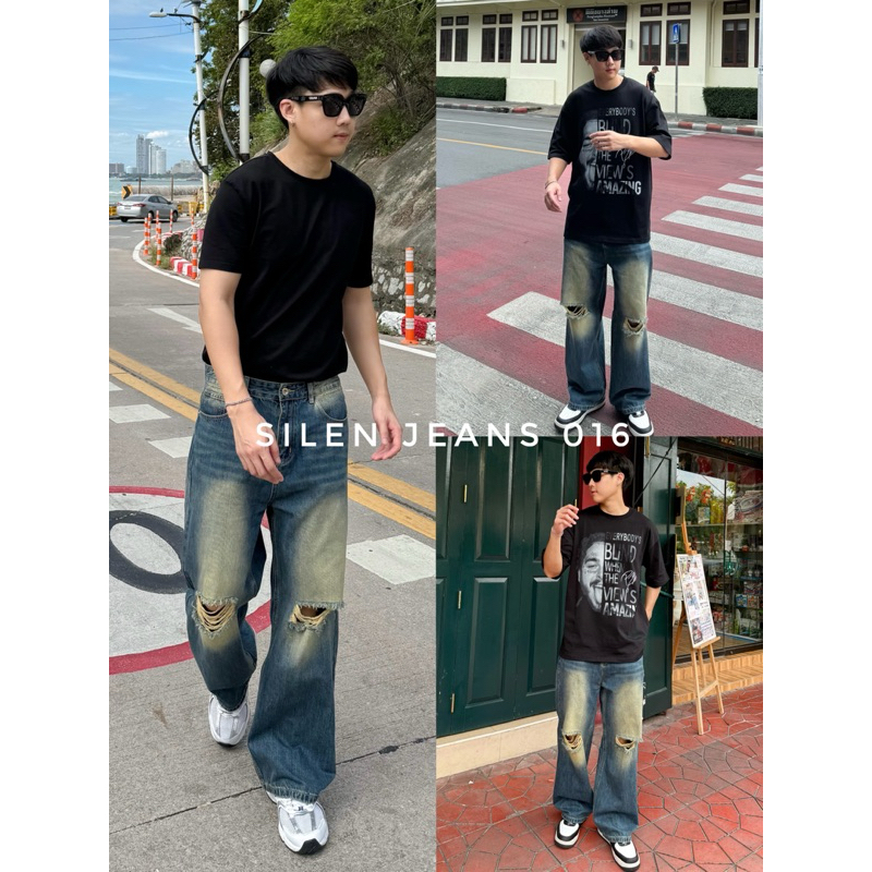 Silen jeans 016 (790.-) กางเกงยีนส์ผู้ชายทรงขากระบอกใหญ่ แต่งขาดเข่า ผ้ายีนส์นิ่ม ใส่สบาย
