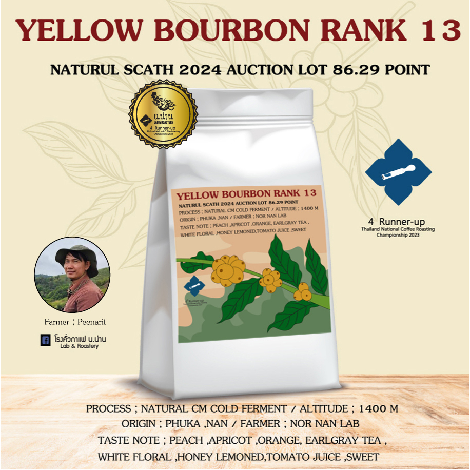 เมล็ดกาแฟ Yellow Bourbon Natural Rank 13 Scath 2024 Lot ประมูล แหล่งเพาะปลูกดอยภูคา จ.น่าน 100 g