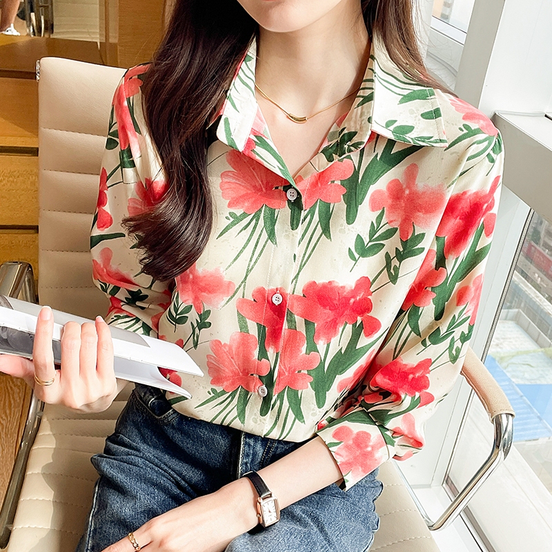 เสื้อเชิ้ตลายดอกไม้ สาวอวบ สีครีม ดอกสีส้มอมชมพู แขนยาว แฟชั่น