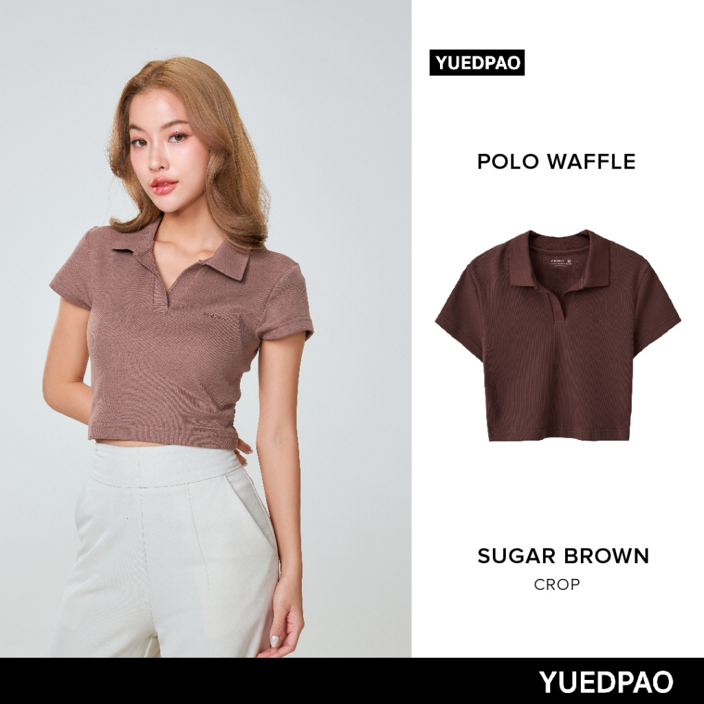 Yuedpao Polo Crop Waffle ผ้าหนาทรงสวย ยับยากรีดง่าย เสื้อยืดเปล่า เสื้อครอปโปโล สี Sugar Brown
