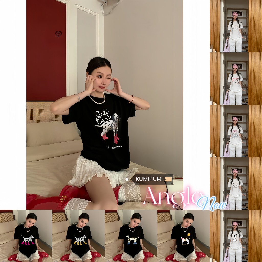 (จัดส่งตลอด 24 ชั่วโมง)Angle เสื้อยืดแขนสั้นพิมพ์ลายลูกสุนัขแสนสนุกสำหรับผู้หญิงในฤดูร้อนดีไซน์ใหม่เสื้อหลวมลำลองลดอายุ