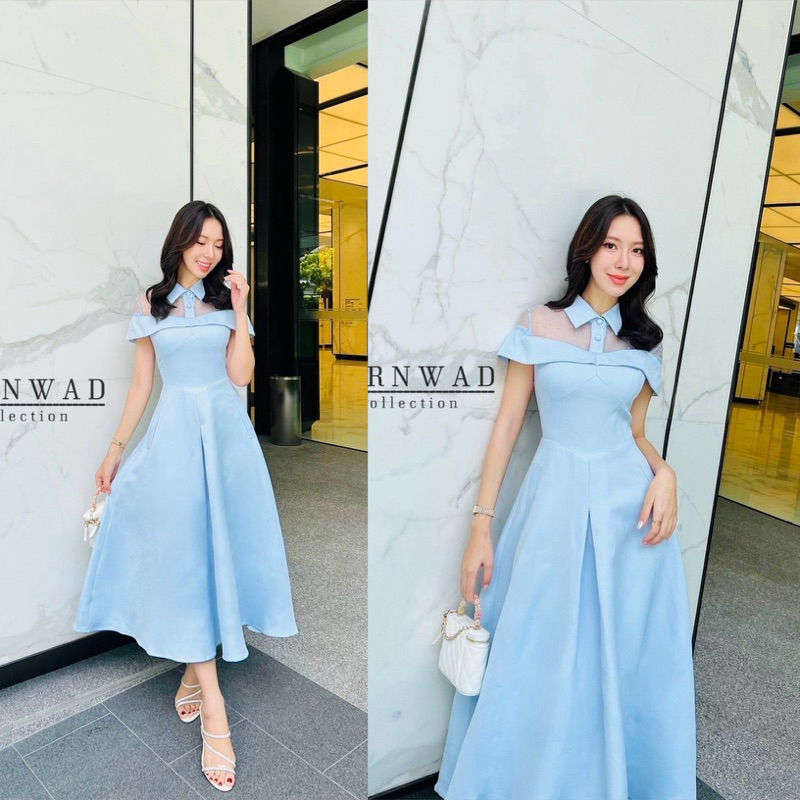 ชุดงานบุญสีฟ้า เดรสไปงานสีฟ้า งานป้าย Parnwad