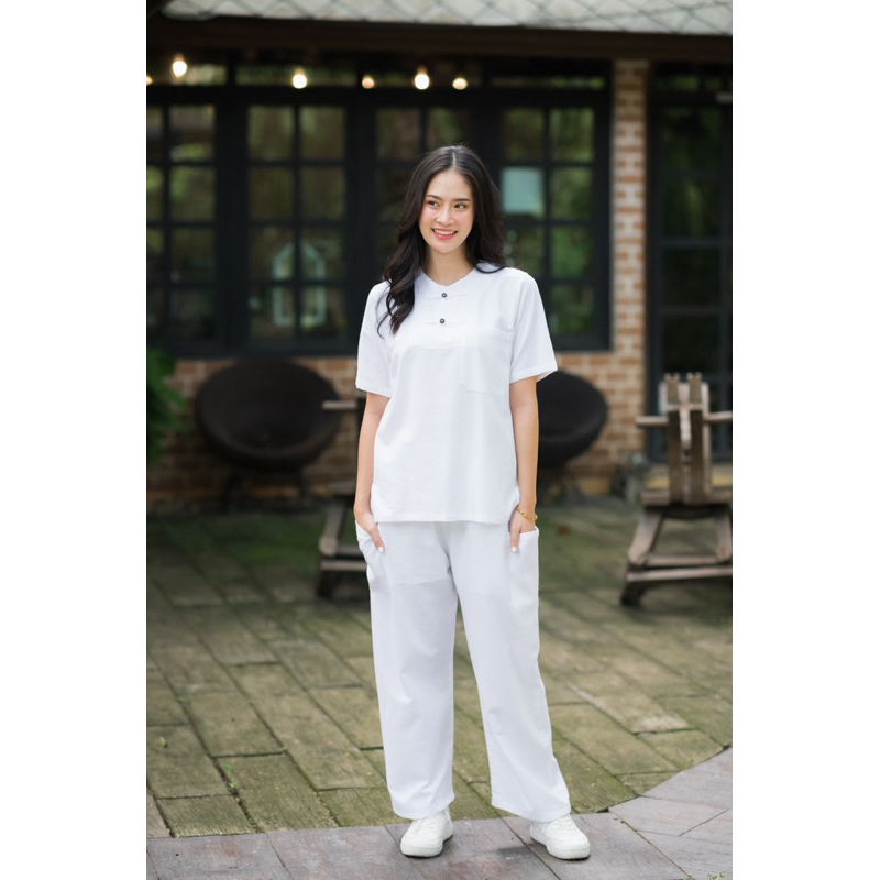 ชุดขาวปฏิบัติธรรม ชุดขาวเข้าวัด ชุดขาวกินเจ ชุดเสื้อพร้อมกางเกง ใส่สบาย 5แบบ ไซส์38“-52” - รูปที่ 3