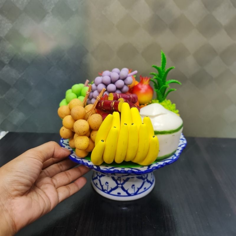 พานผลไม้ดินปั้น ผลไม้ 9 อย่าง โตกใบตองผลไม้ พานหมากพลู พานของไหว้