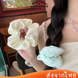 ในไทย💖ยางรัดผมผมหางม้าพิมพ์ลายดอกไม้น่ารักประดับเพชรเทียมสีทึบวงกลมลำไส้ใหญ่แฟชั่นเกาหลีผู้หญิง2025