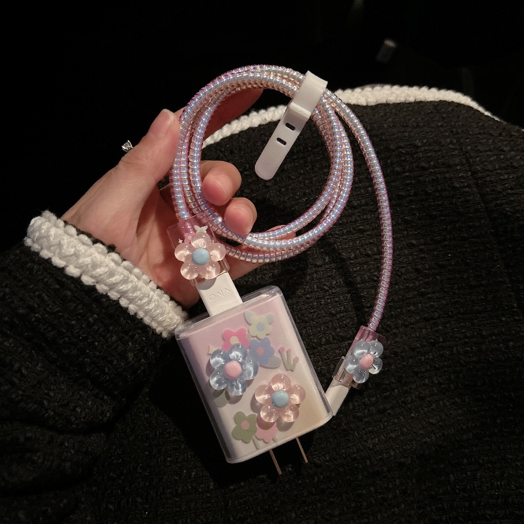 【ดอกไม้ชมพู】ชุดถนอมสายชาร์จ ชุดเเต่งสาย สำหรับ หัวชาร์จแอนดรอยด์ 80วัต vivo33W 18W 44W oppo33W oppo67W oppo80W - รูปที่ 2