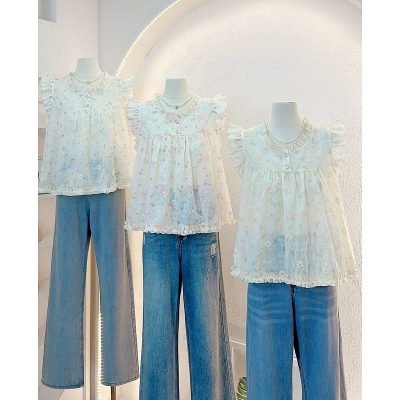 NN548 เสื้อแขนกุดแต่งระบายลายดอกไม้โบว์ Peekanong