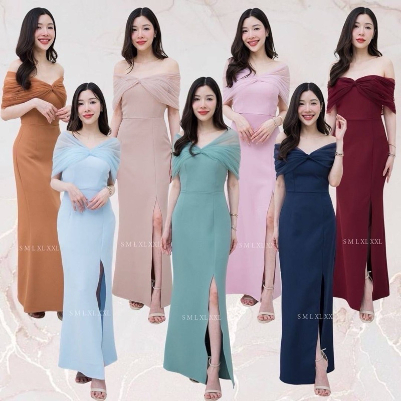 D357 เดรสไปงาน เปิดไหล่ เดรสไปงานแต่ง มุ้งนุ่มเนื้อทราย