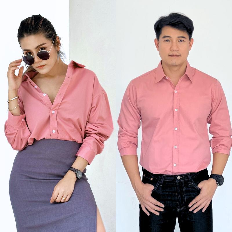 takayay brand เสื้อเชิ้ต สีชมพูเบสิค 36-54 นิ้ว เสื้อเชิ้ตสีพาสเทล ผ้าคอตตอนทวิล เสื้อเชิ้ตสีชมพู