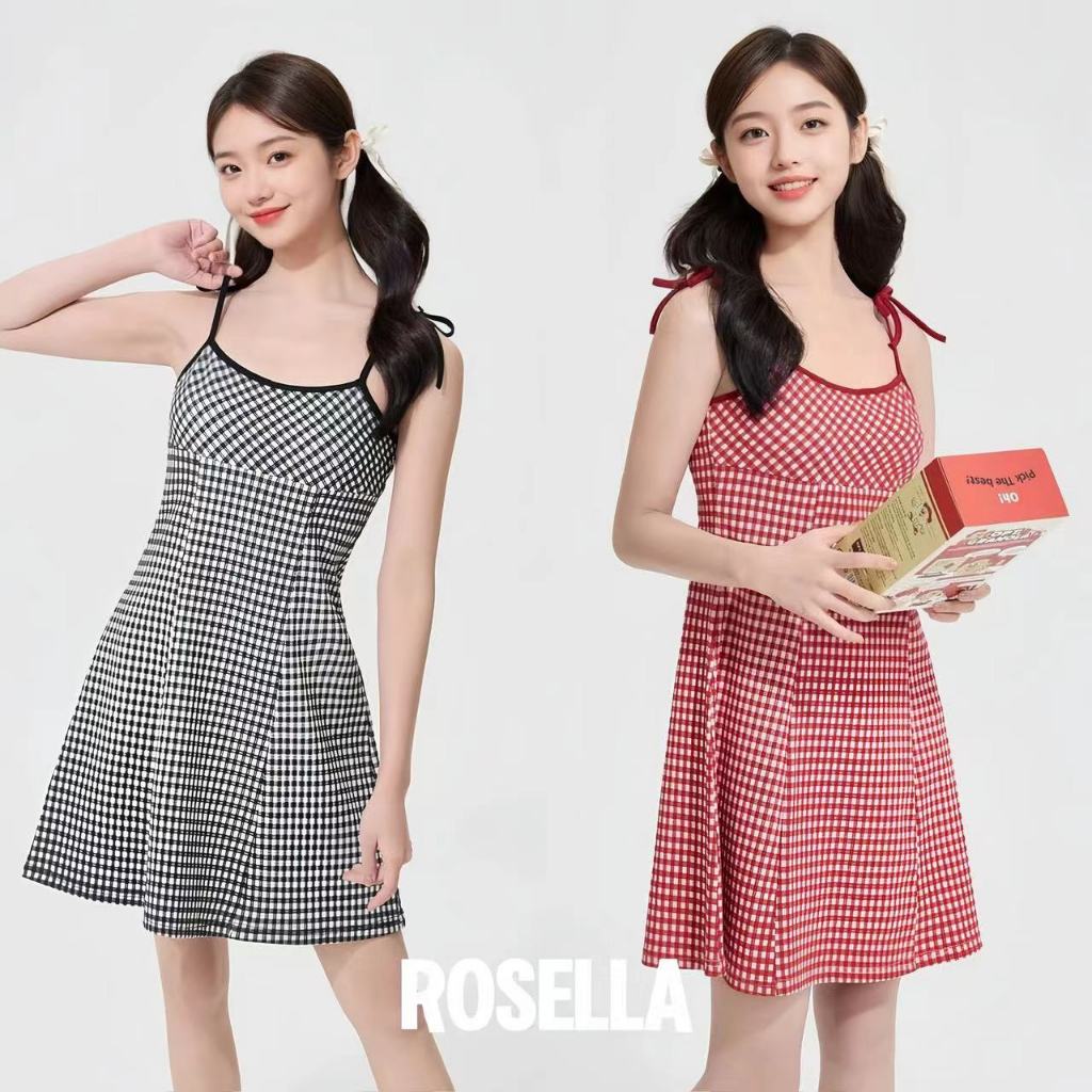 Rosella ชุดเดรสสายสะพายไหล่ปรับได้หวานและเผ็ดสำหรับผู้หญิงฤดูร้อนใหม่กระโปรงสั้นลายสก๊อตสีแดงเก๋ไก๋