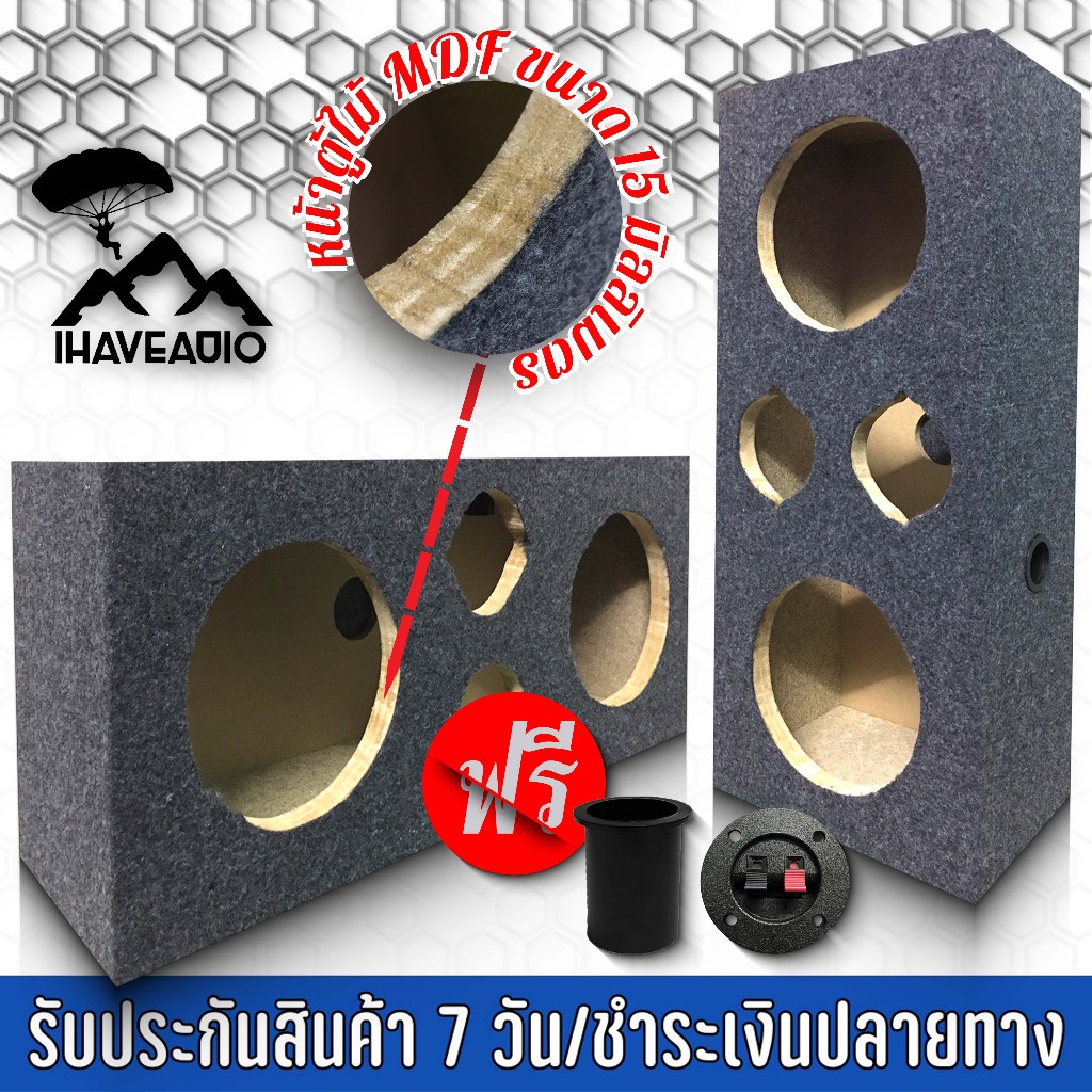 ตู้ลำโพงเปล่า Ihaveaudio 6/6.5 นิ้ว 2 ดอก + แหลมจาน 4 นิ้ว 2 ดอก SKU-Ihaveaudio 001 หุ้มกำหยี่สีเทา