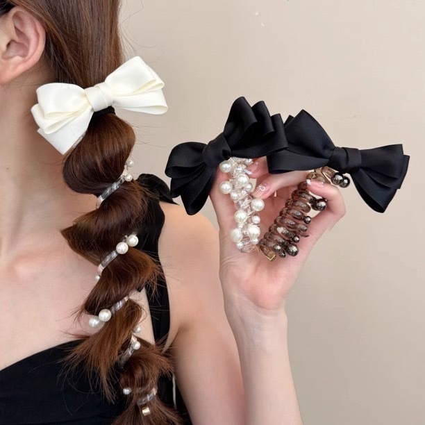 Bow Telephone ยางรัดเกลียวโทรศัพท์ดีไซน์โบว์ประดับมุก ยางรัดผม ยางมัดผม