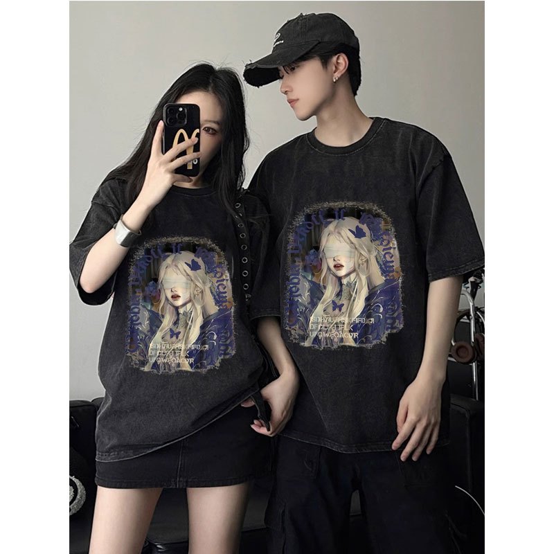 เสื้อยืดฟอกเฟดเทา วินเทจ ผ้าฝ้าย 100% oversize เสื้อผ้าสาวอวบ เสื้อโอเวอร์ไซส์ผู้หญิง สไตล์ฮิปฮอป เรโทร ชายและหญิง