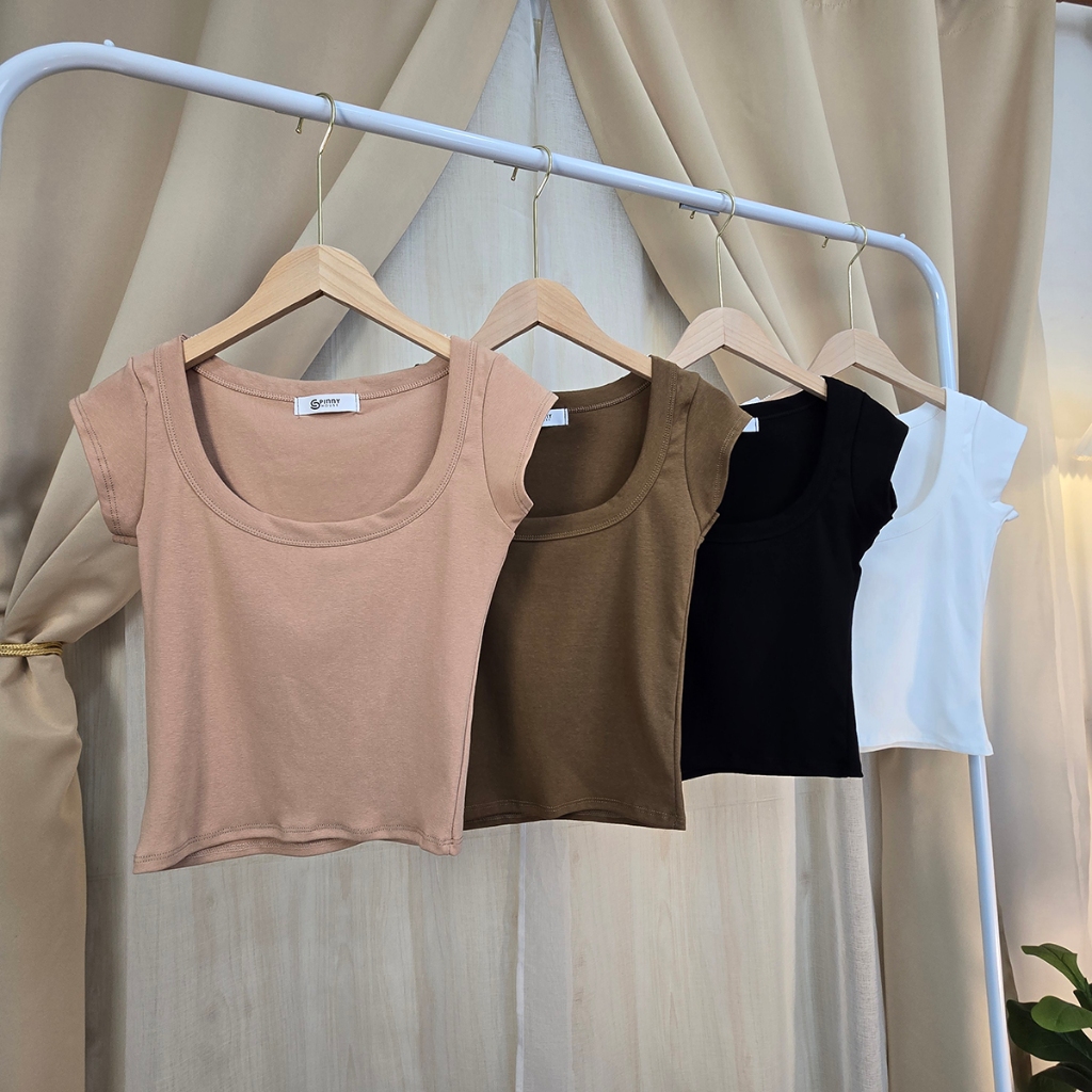 เสื้อครอปคอกว้าง โชว์เนิน ผ้ายืดยูนิ🌺ทรงแขนเต่อ ใส่แล้วพรางหุ่น เรียบหรูดูแพงสุด  รุ่น น้ำพริก