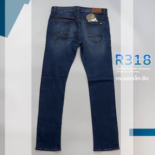 RAGA-R318 กางเกงยีนส์(ผ้าญี่ปุ่นยืด) ขายาวชาย ทรงกระบอกเล็ก สีบลู งานปักขอบ