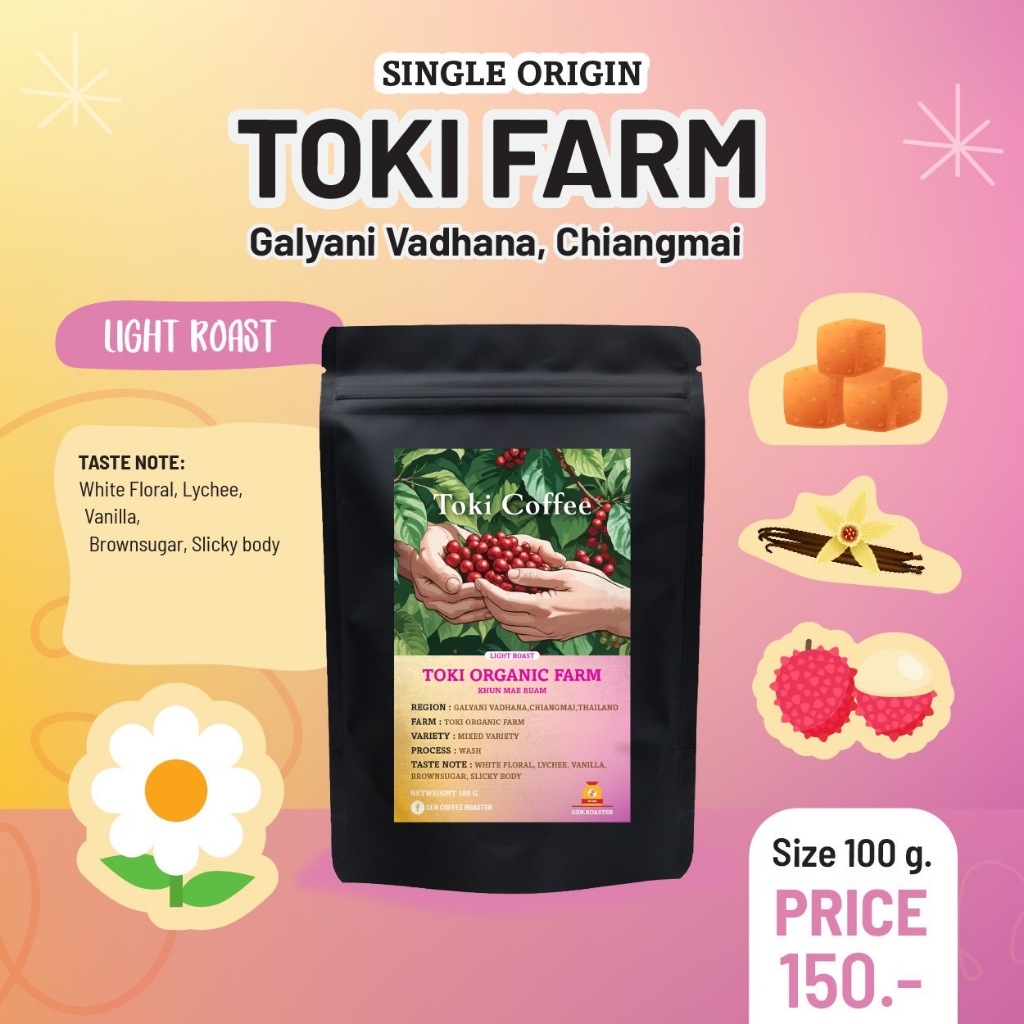 เมล็ดกาแฟคั่วอ่อน Toki Wash Process Toki Organic Farm
