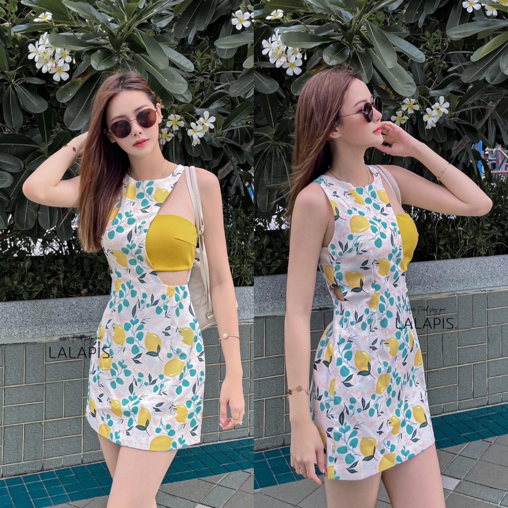 พร้อมส่ง LALAPIS12 มินิเดรสแต่งเกาะอก พิมพ์ลายเลม่อนสีเหลือง แต่งเว้าไหล่และเอว ใส่ทำงาน ออกงาน