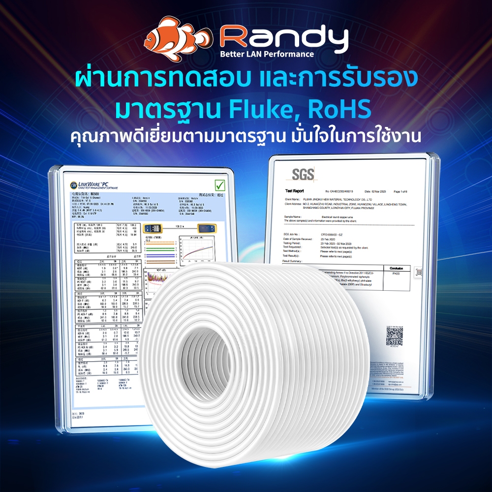 RANDY [CAT5E-100] สายเคเบิลอีเธอร์เน็ต ความเร็วสูง รองรับ 100Mbps -100เมตร สำหรับภายในอาคาร สายสีขาว