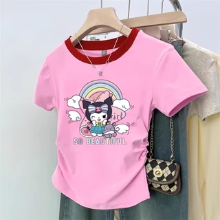 Beryl kids🌸เสื้อคอกลมแขนสั้นเด็ก🎀เสื้อยืดพิมพ์ลายการ์ตูนคุโรมิ สไตล์เกาหลี ลำลอง เสื้อจับจีบน่ารัก ใส่สบาย ฤดูร้อน