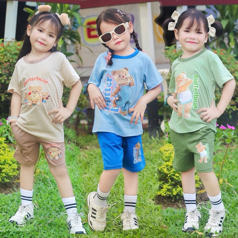 ชุดเซ็ทรุ่นหมีเนย เสื้อแขนสั้น+กางเกงขาสั้น ชุดเด็ก ลายการ์ตูน ผ้าCotton100%