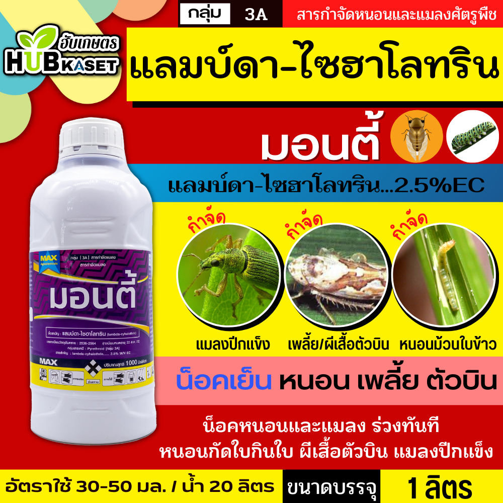 มอนตี้ 1ลิตร (แลมป์ดา-ไซฮาโลทริน) กำจัดเพลี้ยไฟ แมลงหร่า หนอนแดง เพลี้ยจักจั่น หนอนกอสีครีม หนอนห่อใบข้าว หนอนกัดใบข้าว