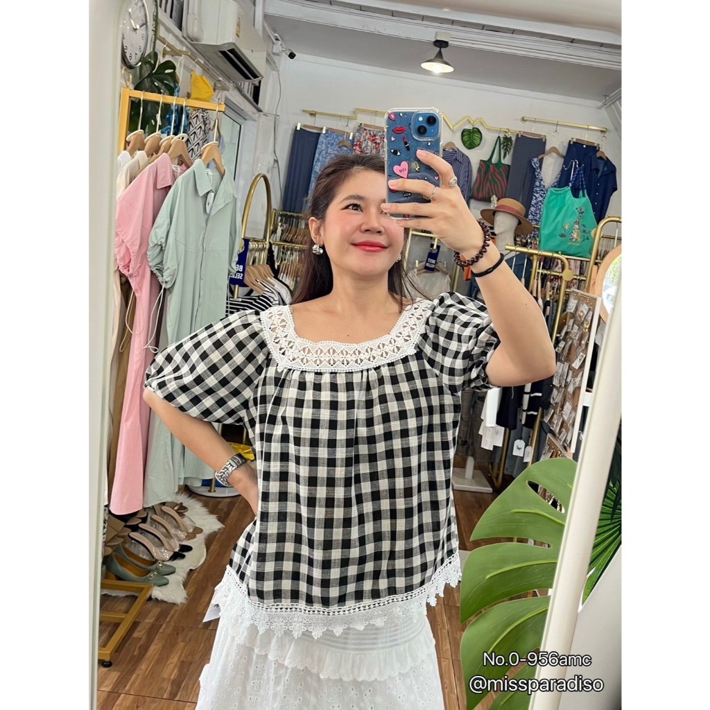 *0-956AMC เสื้อลายสก็อตดำคอเหลี่ยมขอบลูกไม้