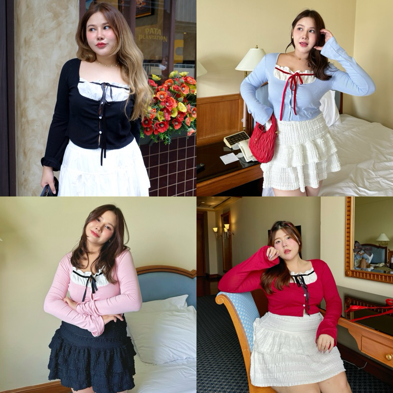 Shibuya Top เสื้อแขนยาวผ้านุ่ม แต่งระบาย ผูกโบว์ด้านหน้า - merry house