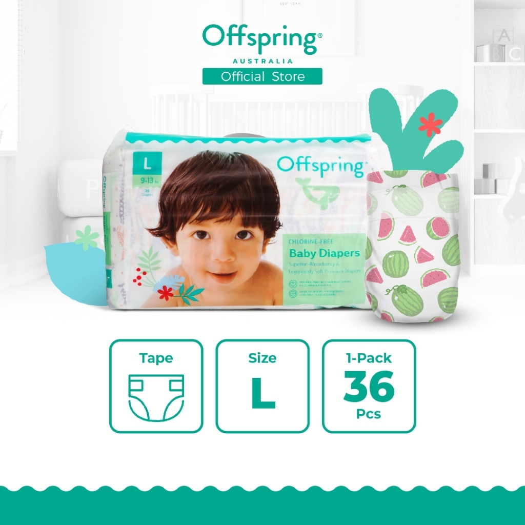 Offspring Fashion Tapes แบบเทป ไซส์ L 36 ชิ้น (36x1 แพ็ค) ผ้าอ้อมเด็ก แพมเพิส สำหรับ 9-13kg. ซึมซับดีเยี่ยม