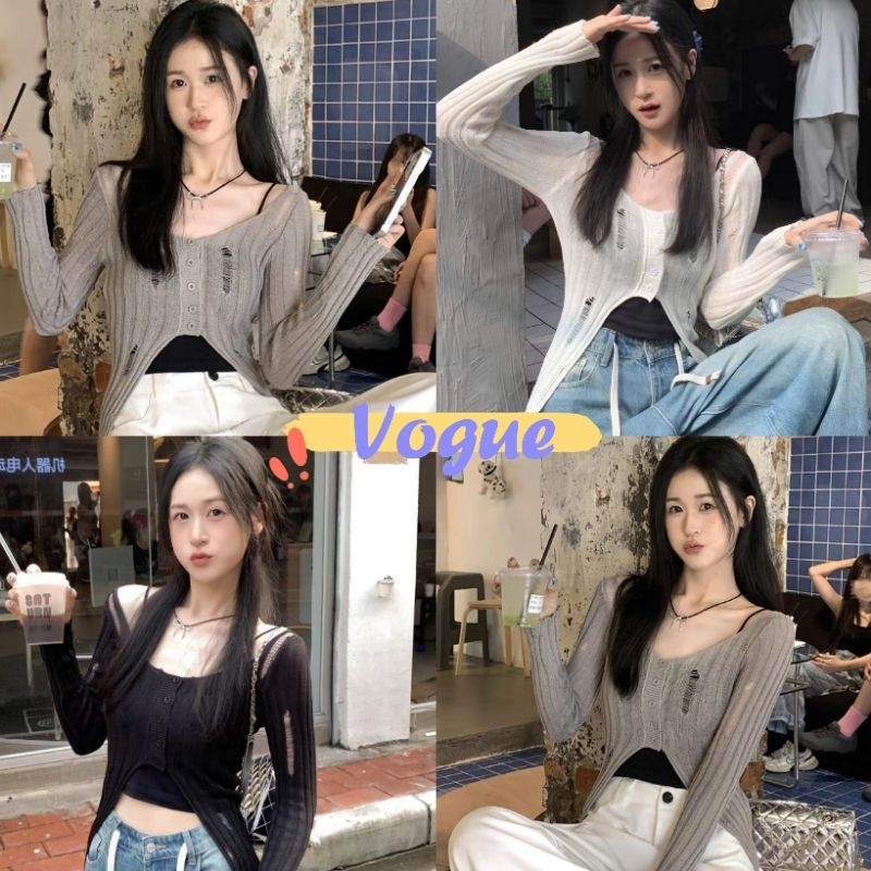 Vogue พร้อมส่ง เสื้อถักไหมพรมแขนยาว คอวี ดีเทลขาดๆ (MT725)