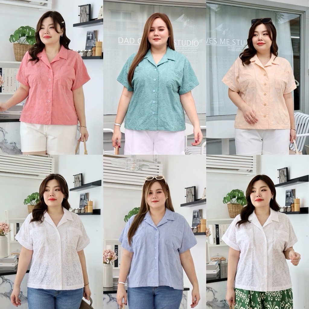S690-0047 เสื้อลูกไม้ ปกฮาวาย ตัวกว้าง ผ้าลูกไม้คอตตอนปักเนื้อนุ่ม เสื้อลูกไม้พลัสไซส์