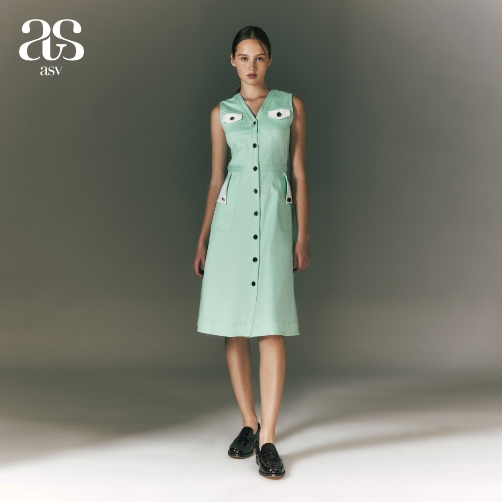 [asv pf24] Jona Jones Dress  เดรสผู้หญิง คอวี แขนกุด แต่งกระเป๋าหน้า แต่งพับกระเป๋าข้างและกระดุมทอง