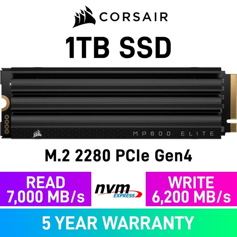 1TB / 2TB SSD (เอสเอสดี) CORSAIR MP600 ELITE WITH HEATSINK PCIe Gen4 x4 NVMe 1.4 M.2 (CSSD-F1000GBMP