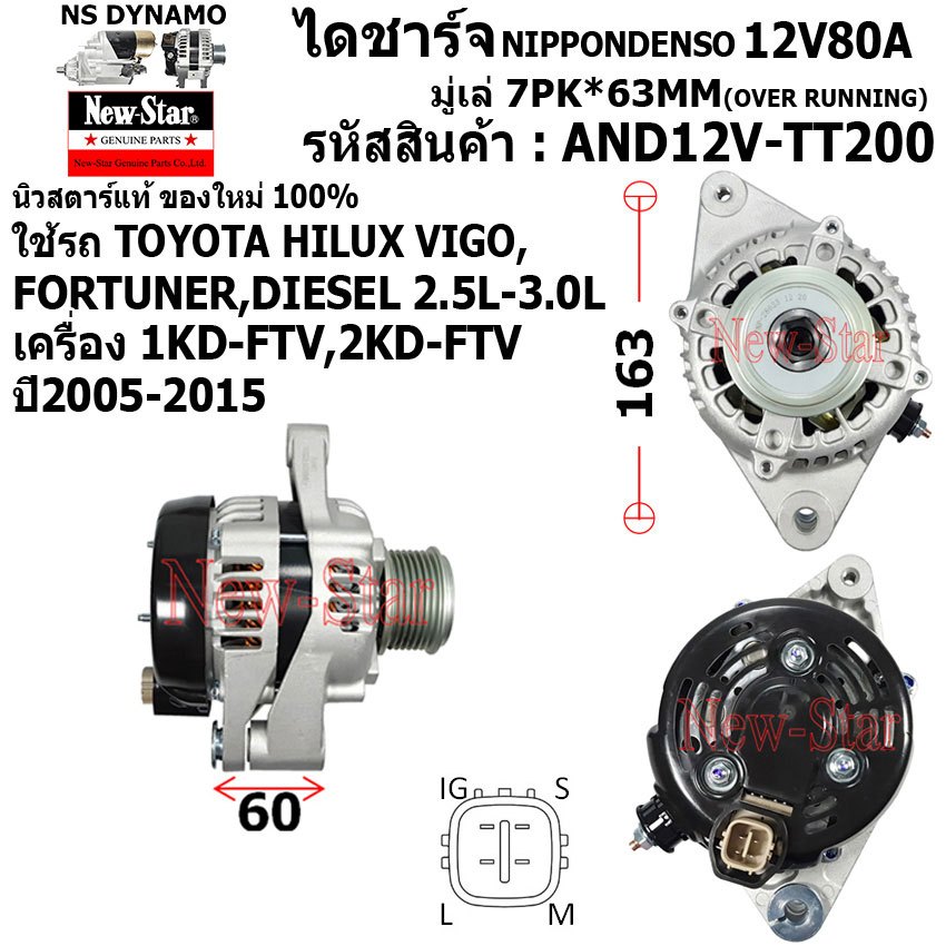 ไดชาร์จ ไดชาร์ท 12V80A ไดNIPPONDENSO ใช้รถTOYOTA HILUX VIGO,FORTUNER,DIESEL 2.5L-3.0L ประกันโดย ร.ง.New-Star+ไดใหม่100%
