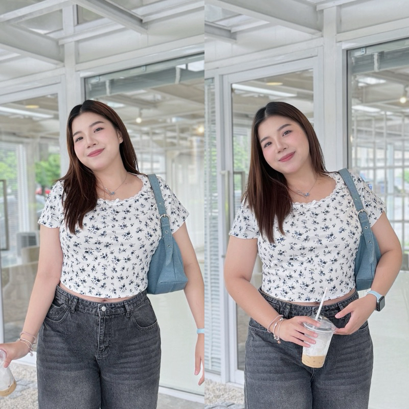 Poppy Top | เสื้อครอปสาวอวบอ้วน แต่งลายดอกไม้ อก36-48“