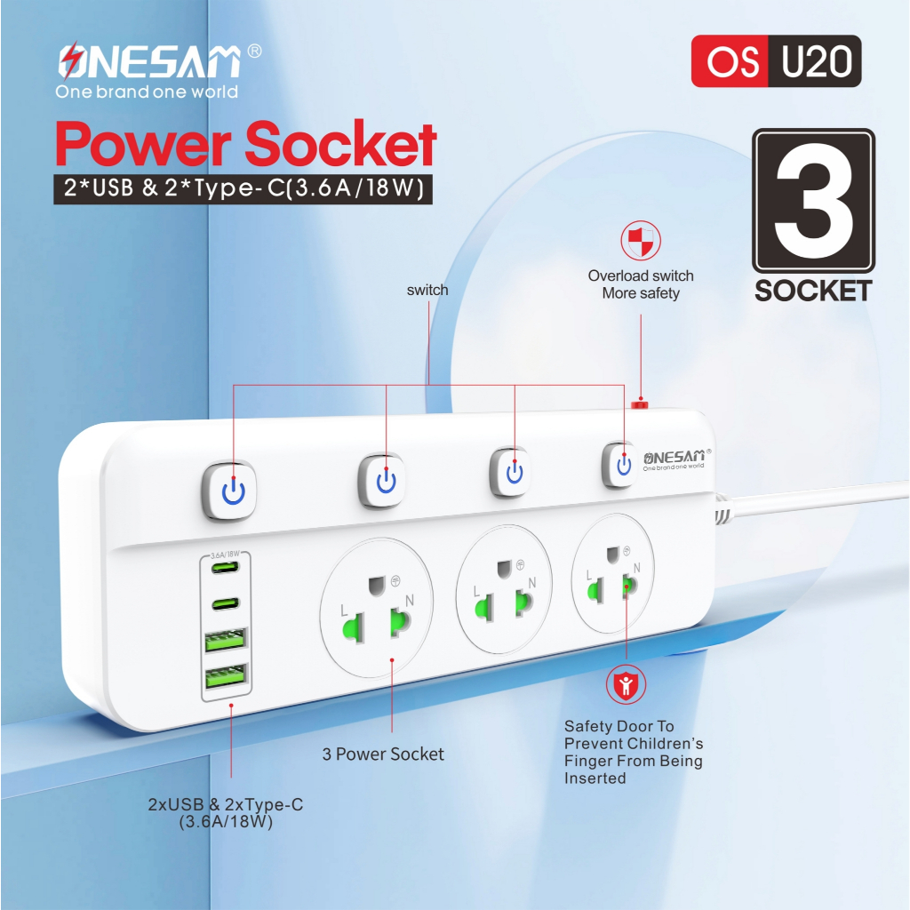 ปลั๊กไฟ รุ่น OS-U20 4 USB พอร์ต และ 2 PD พอร์ต ชาร์จไว 3.6A18W สายยาว 2,5เมตร รับประกัน 1 ปี