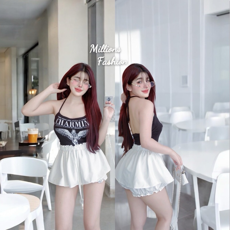 mnv_shop body suit สายเดี่ยวผูกคอ สกรีนด้านหน้าผ้าเรย่อน