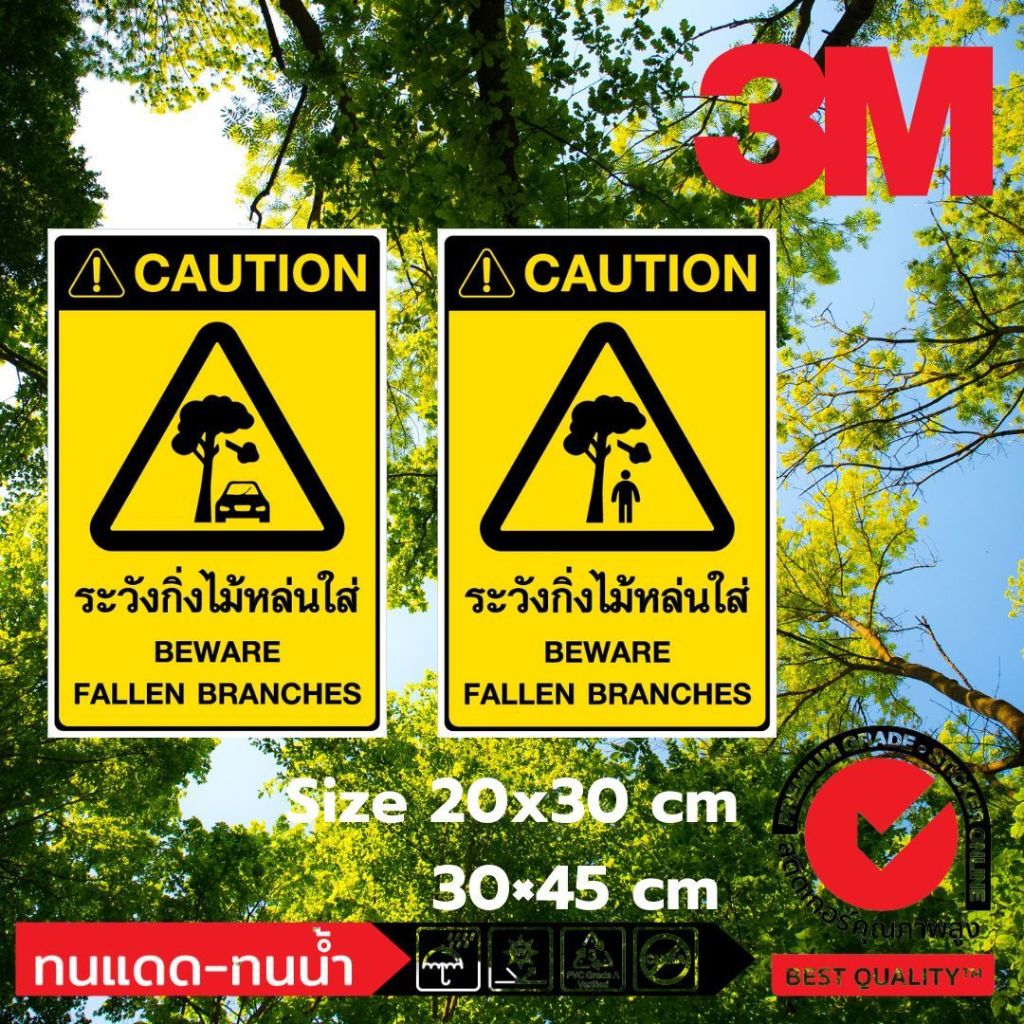 (381)ระวังกิ่งไม้หล่นใส่ Beware Fallen Branches ป้ายความปลอดภัย Safety ไทย อังกฤษ สติ๊กเกอร์ Sticker 3M ฟิวเจอร์บอร์ด