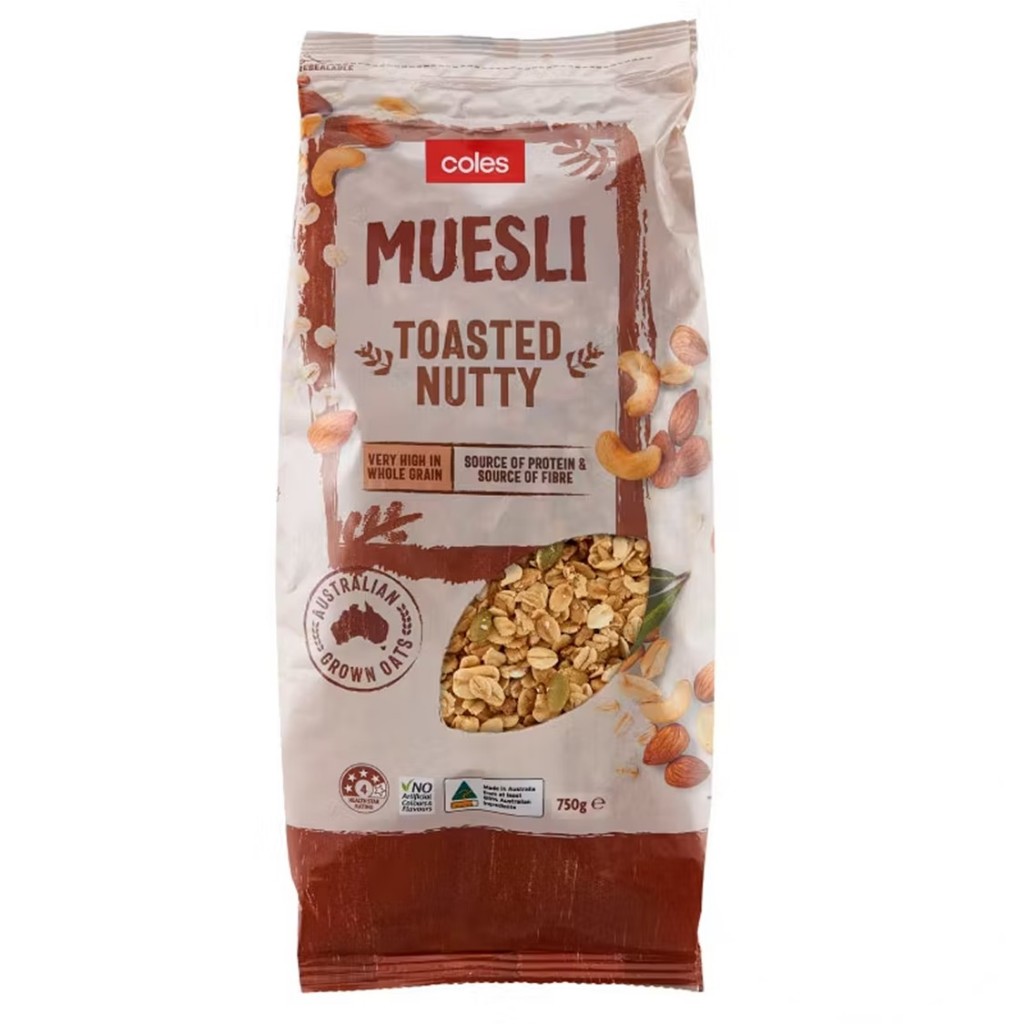 Coles Muesli toasted nutty 750g.โคลส์ มูสลี่ ผสม ถั่วอัลมอนด์ และ เม็ดมะม่วงหิมพานต์