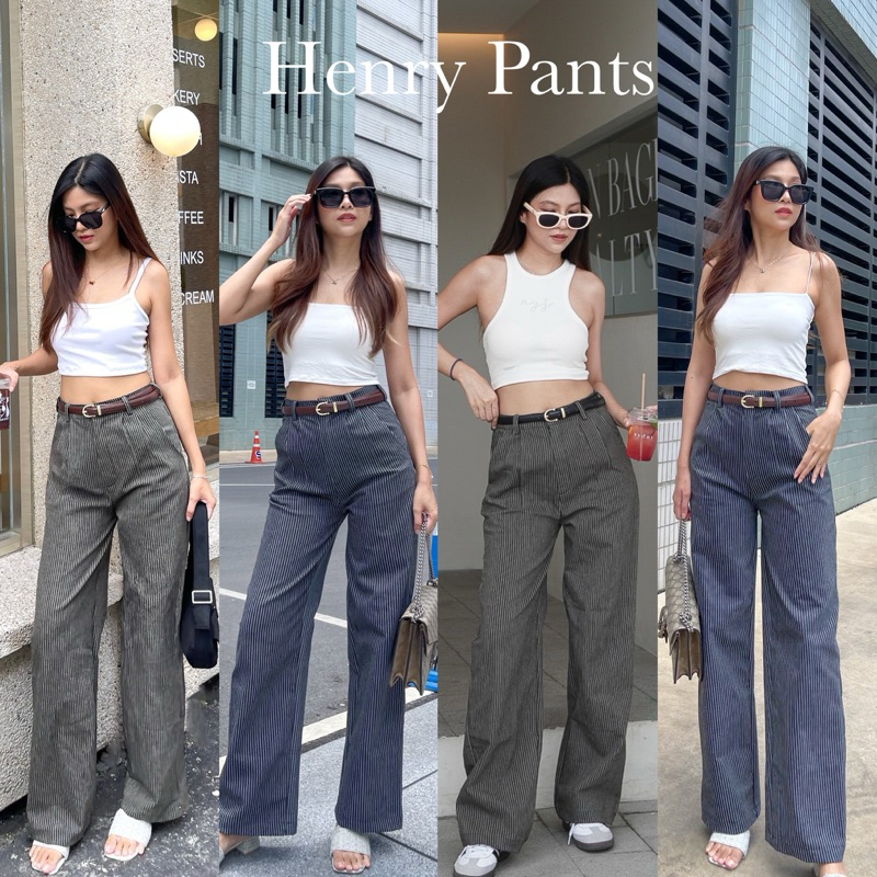 COZY CLUB. - HENRY PANTS กางเกงยีนส์ขากระบอกลายทาง ตะขอหน้า เอวกลาง ทรงสวยเป๊ะ ใส่ได้ทุกวัน