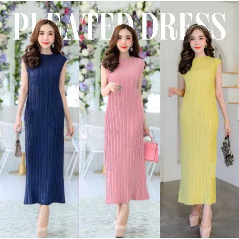 Pleat tweed maxi dress เดรสยาวแขนล้ำ ผ้าไหมอิตาลีอัดพลีท ผ้าพิมพ์ลายคมชัดสวย