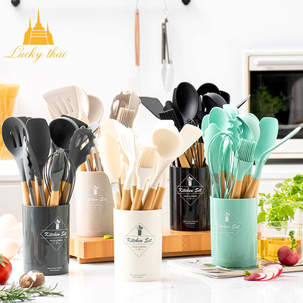 luckythai ชุดเครื่องครัวซิลิโคน Kitchen set ตะหลิวซิลิโคนทนความร้อนสูง 1ชุด14ชิ้น